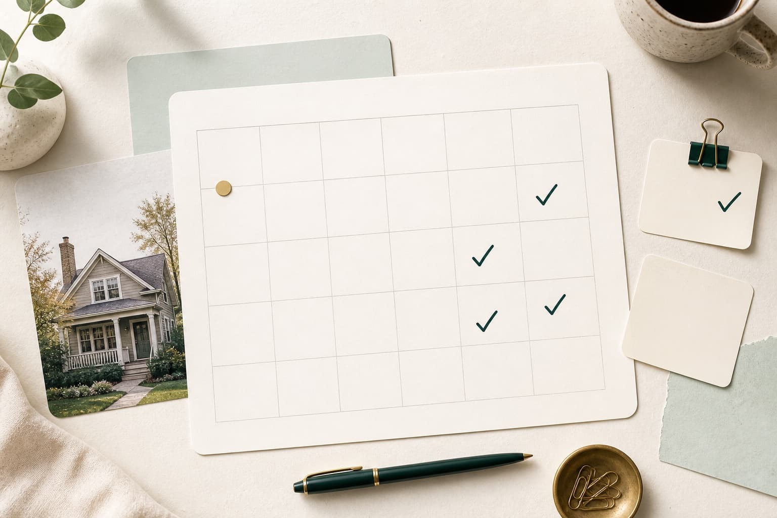 A paper month grid with review checks beside a rental property photograph
