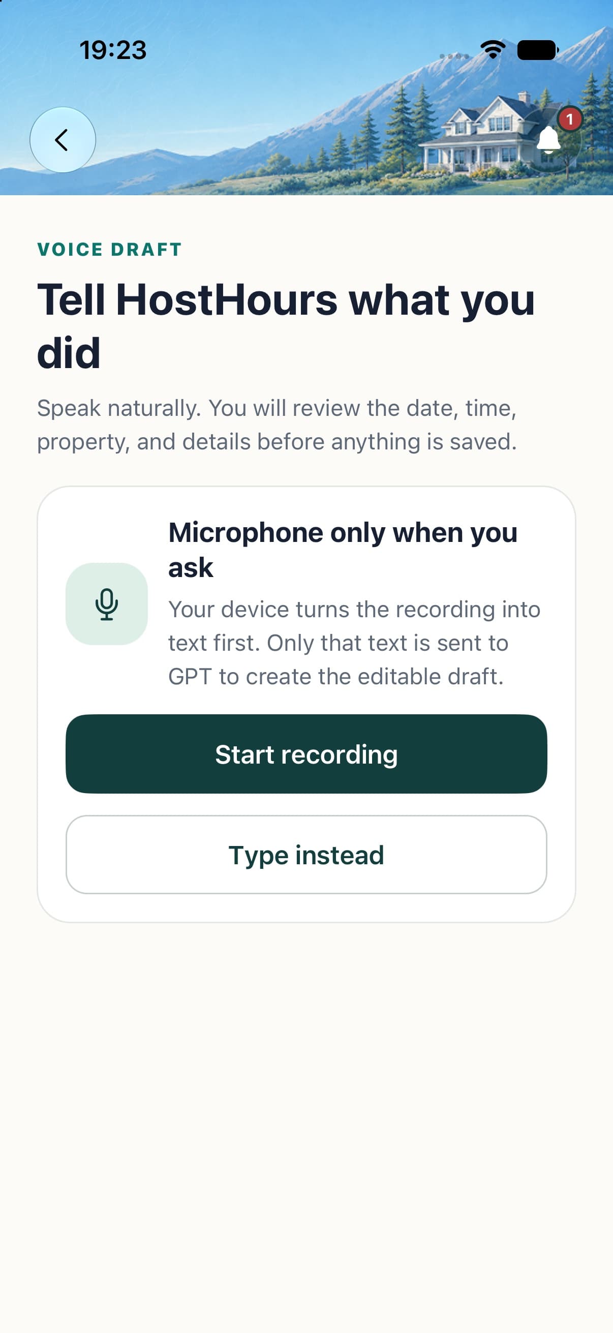 HostHours Voice Draft screen offering recording or typed notes before an editable draft is created